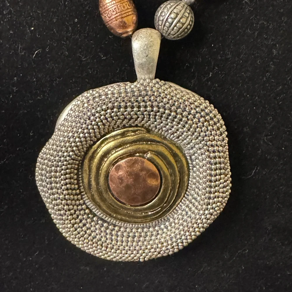 Boho Mixed Metal Statement Necklace w/ Large Textured Pendant - Picture 3 of 9